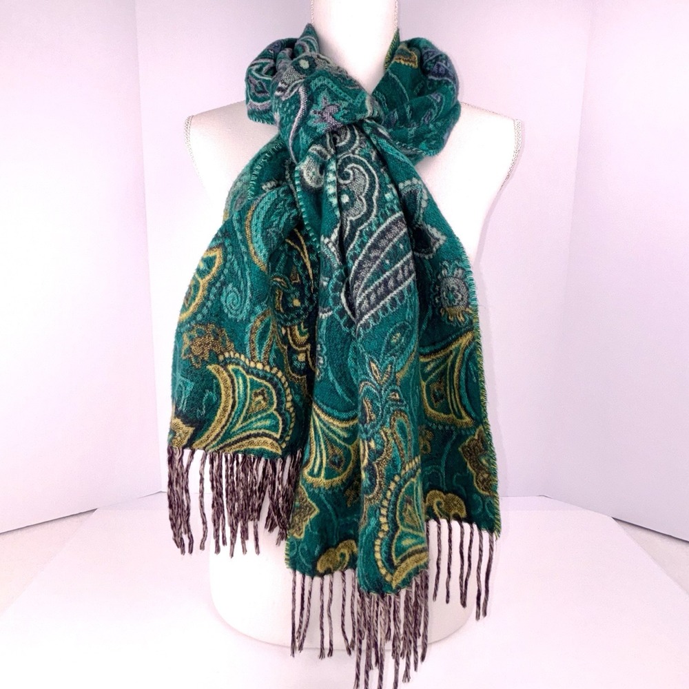 Cashmink V. Fraas Green Paisley Scarf Germany Yellow Gold Gray Fringe 66x15